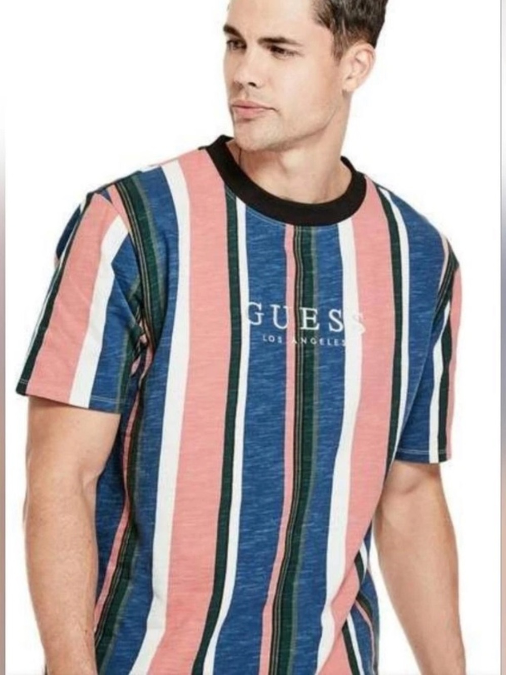 GUESS Originals Sayer striped tee vertical pink, blue, & green stripes